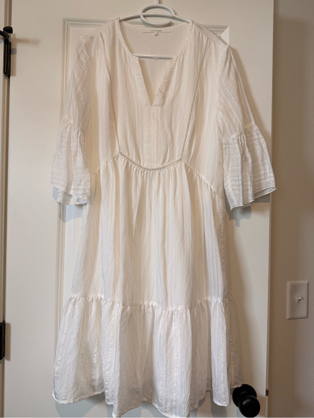 Yaya Women White Midi Dress with V-Neck Boho style